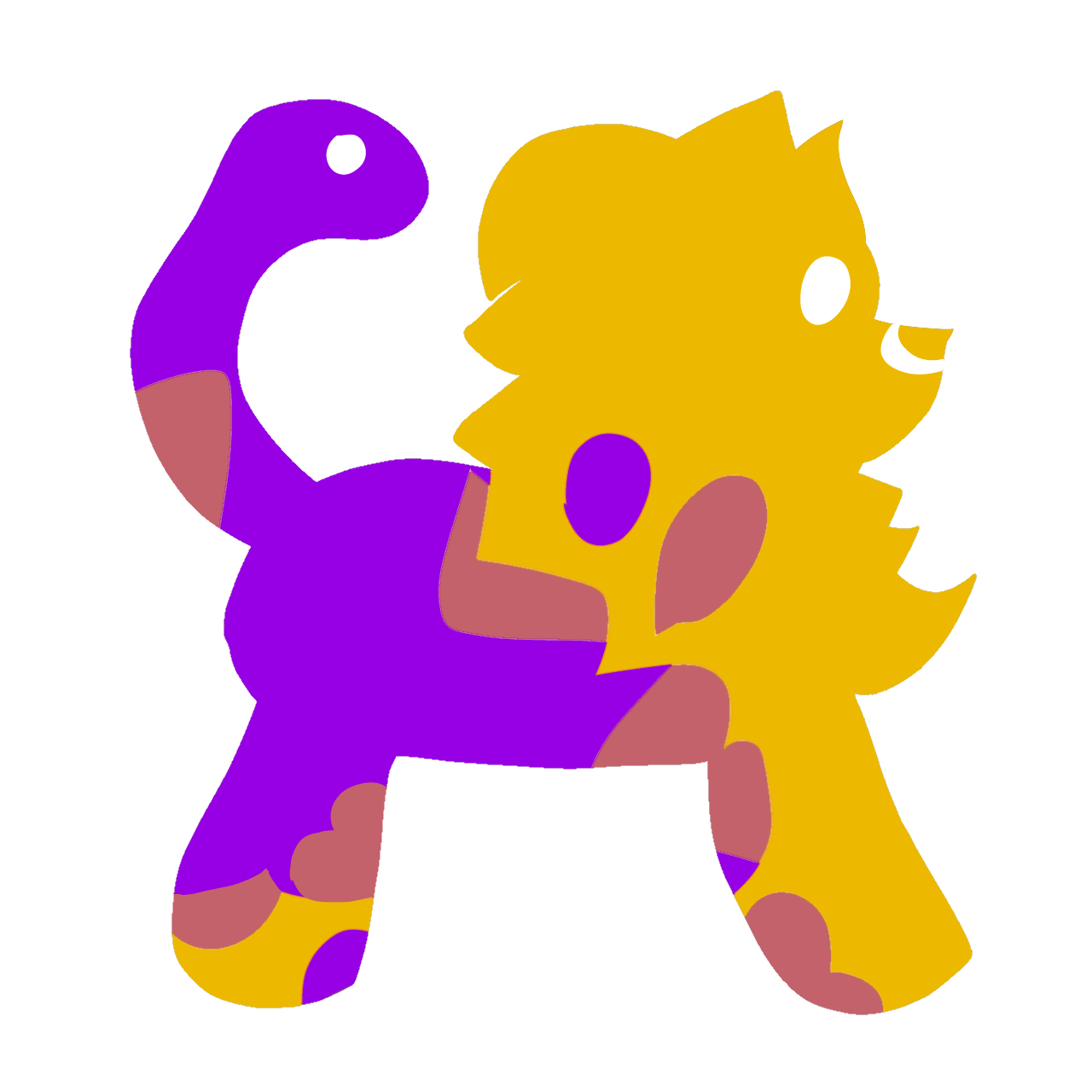 an abstract chimera with its front part with the lion yellow and its back part with the snake tail purple. There are red parts in between to show the colors are mixing